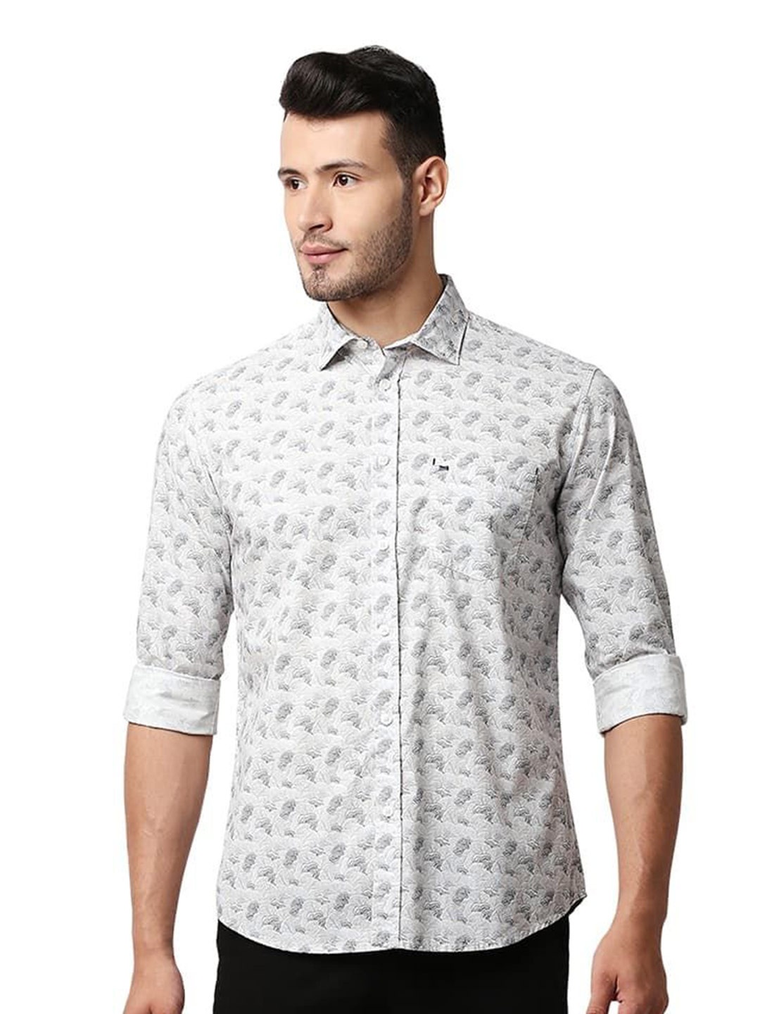 

Basics Men Relaxed Fit Spread Collar Floral Printed Cotton Casual Shirt, Grey