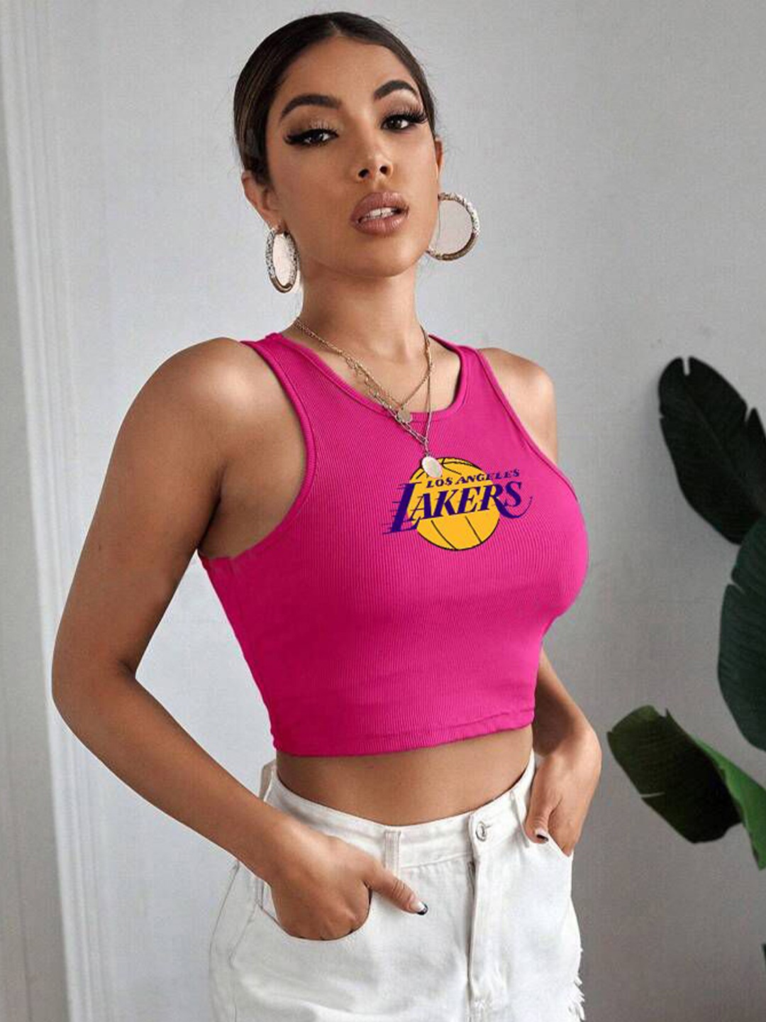 

TABADTOD Women Printed Round Neck Fitted Crop Top, Pink