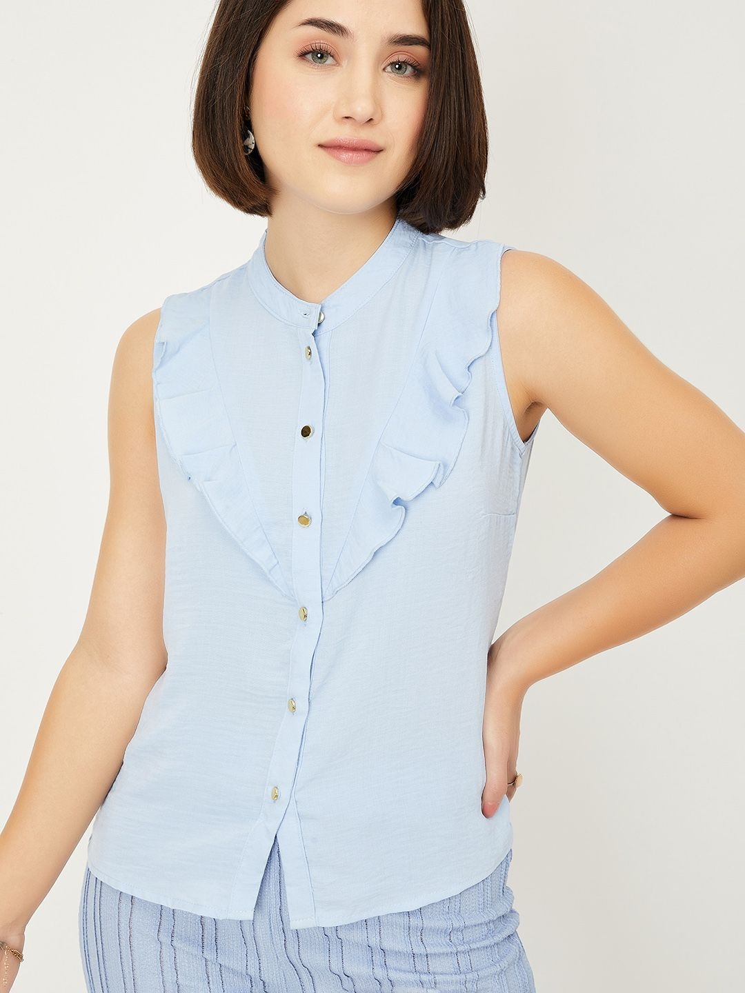 

max Women Solid Mandarin Collar Top, Blue