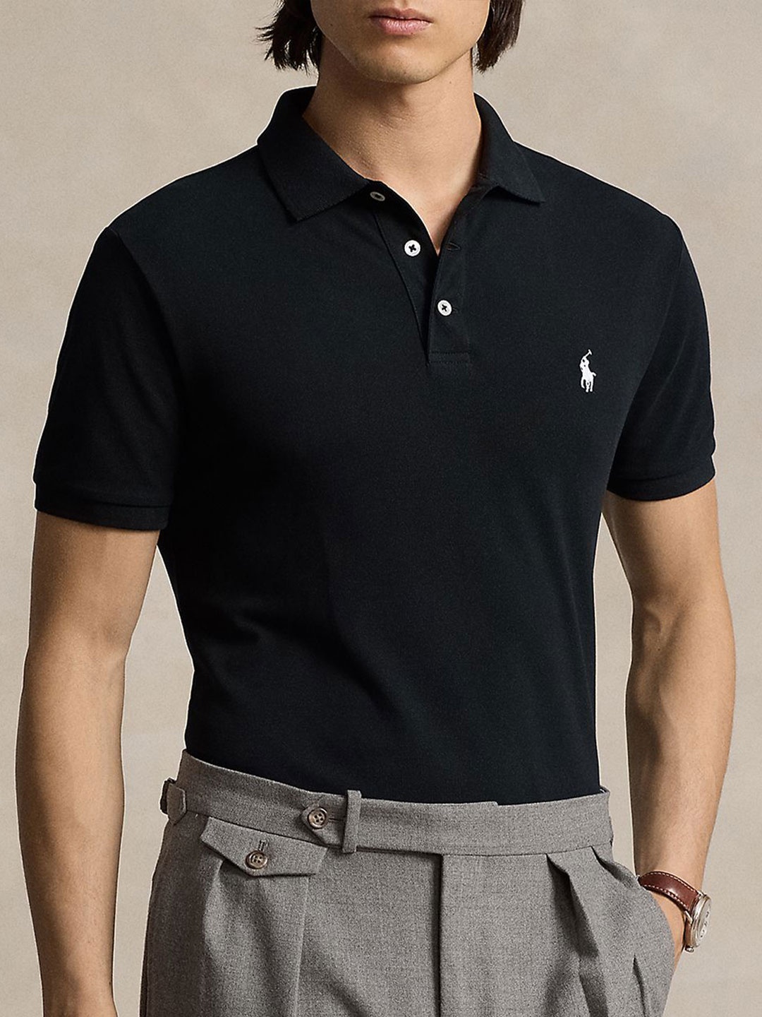 

Polo Ralph Lauren Men Solid Polo Collar Cotton Slim Fit T-shirt, Black