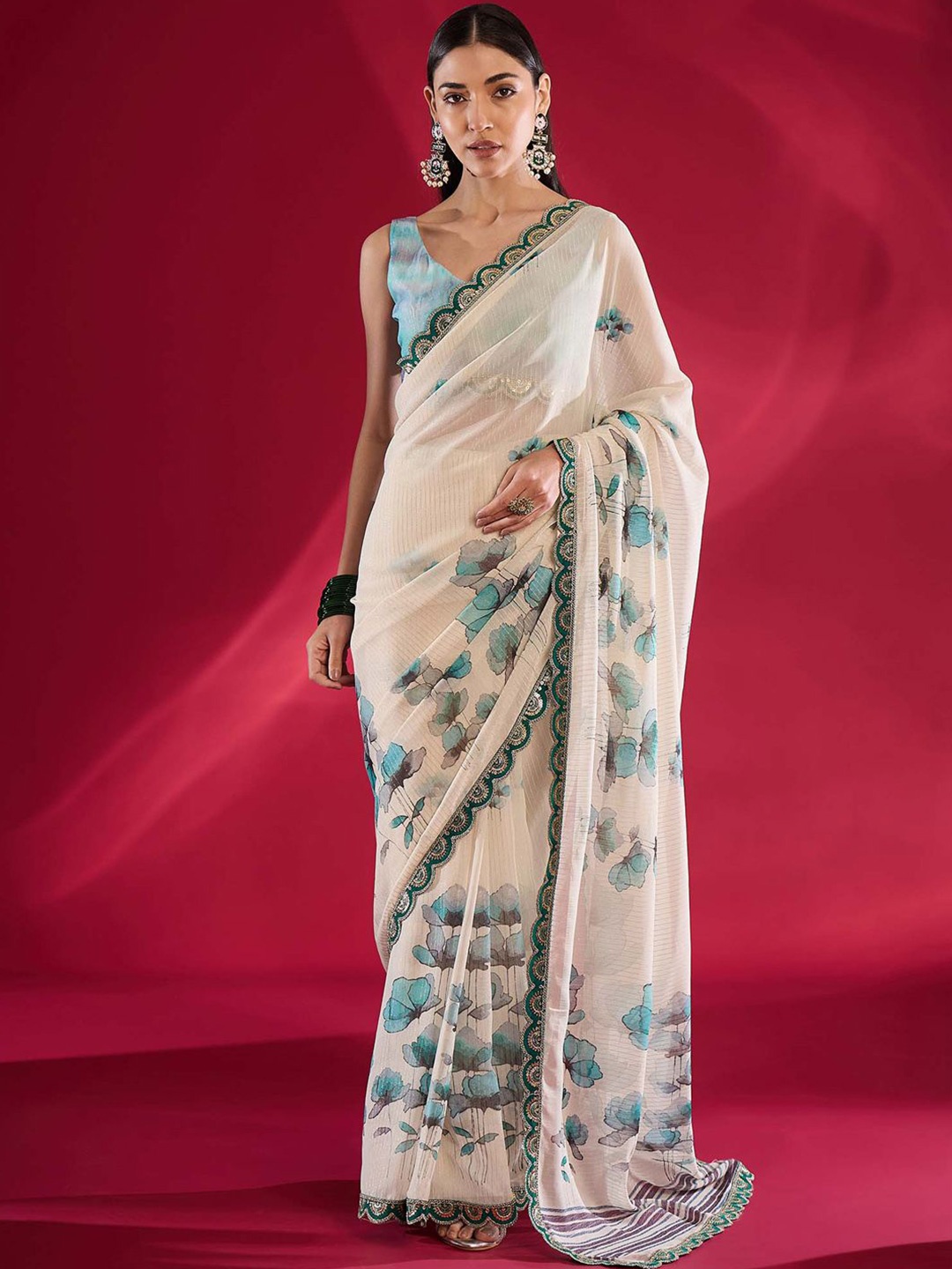 

all about you Floral Beads and Stones Poly Georgette Designer Muga Saree, Off white