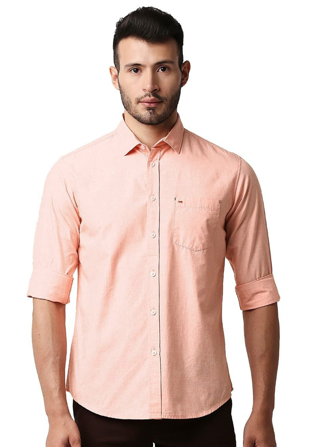 

Basics Men Relaxed Fit Spread Collar Solid Cotton Casual Shirt, Peach
