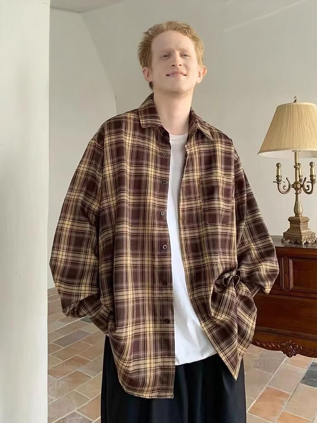 

StyleCast Men Oversized Spread Collar Tartan Checked Casual Shirt, Brown