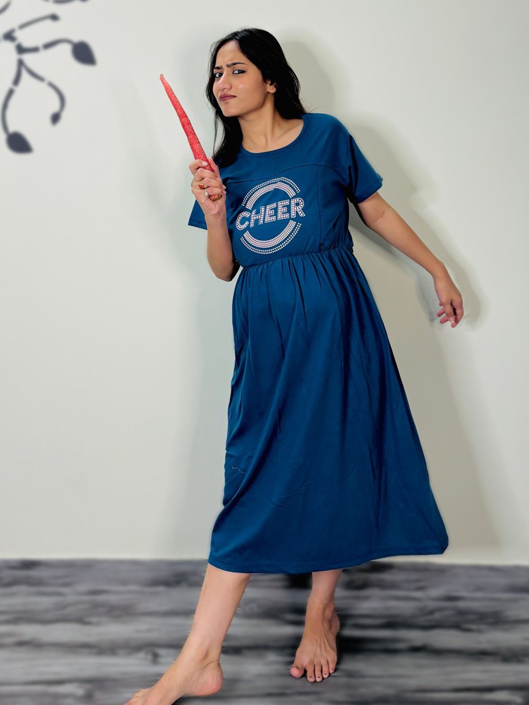 

SWEET MOON Geometric Printed Cotton Maternity Nightdress, Blue