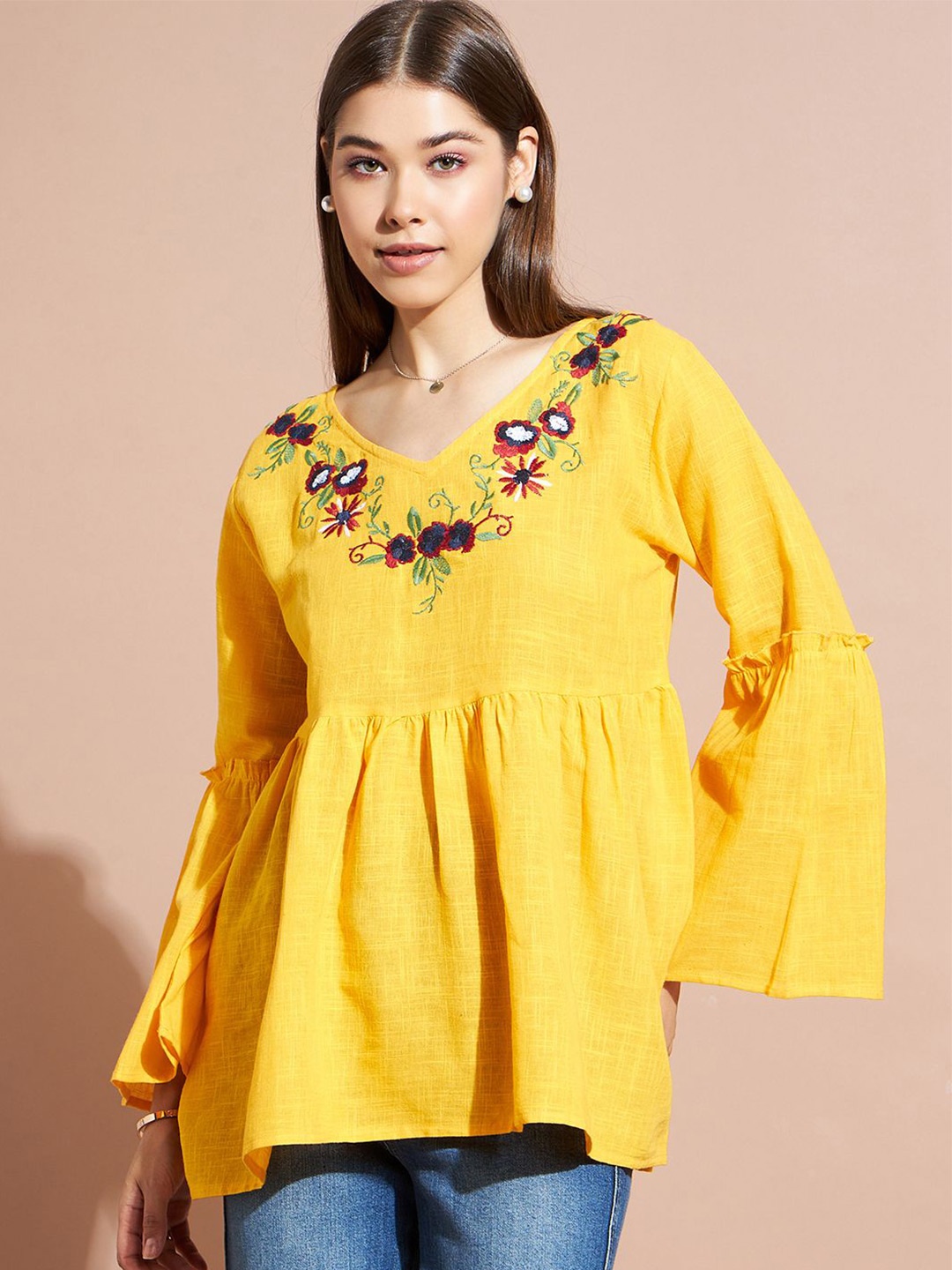 

DressBerry Women Floral Printed V-Neck Top, Yellow