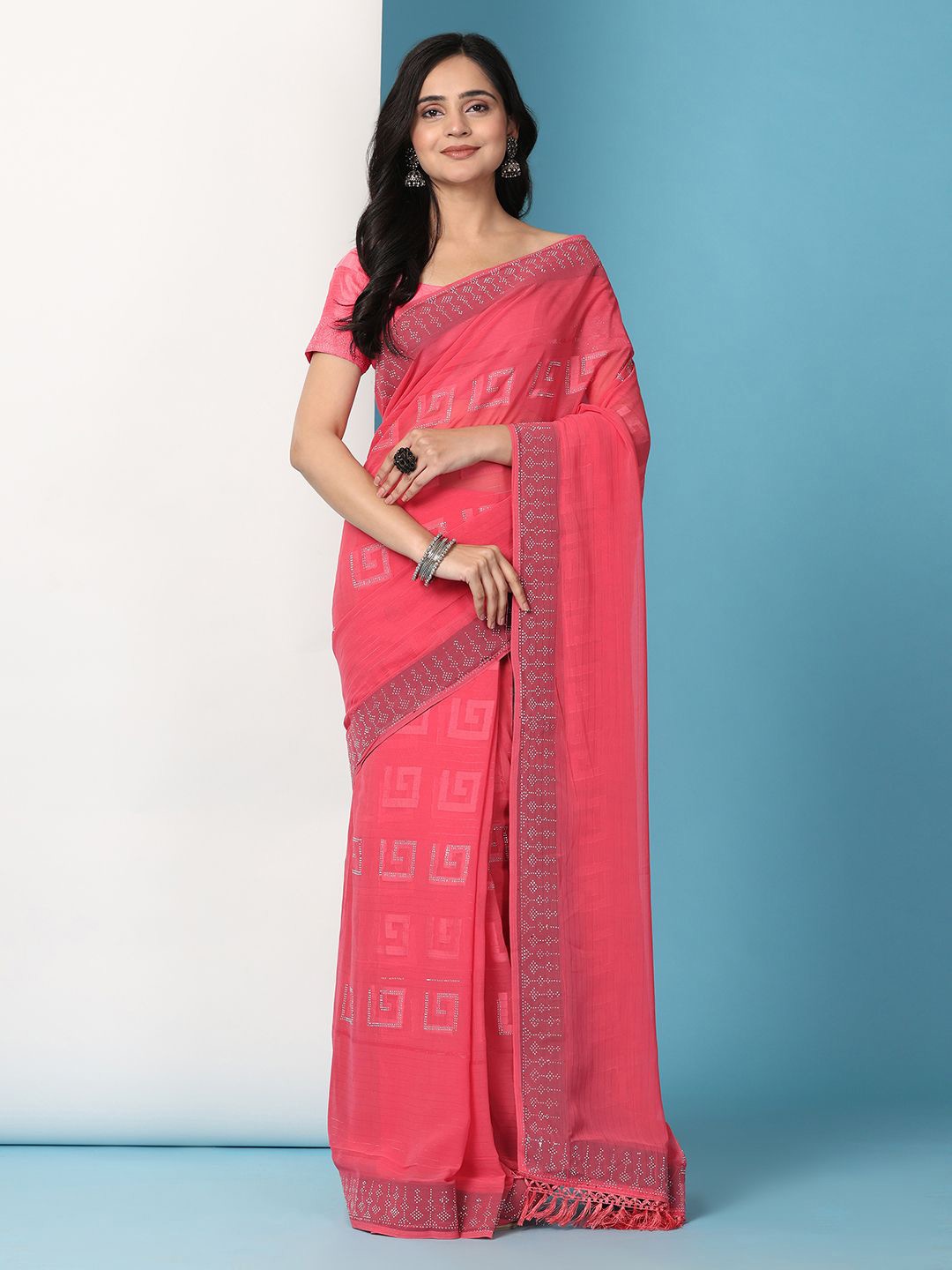 

Pionex Beads and Stones Saree, Red