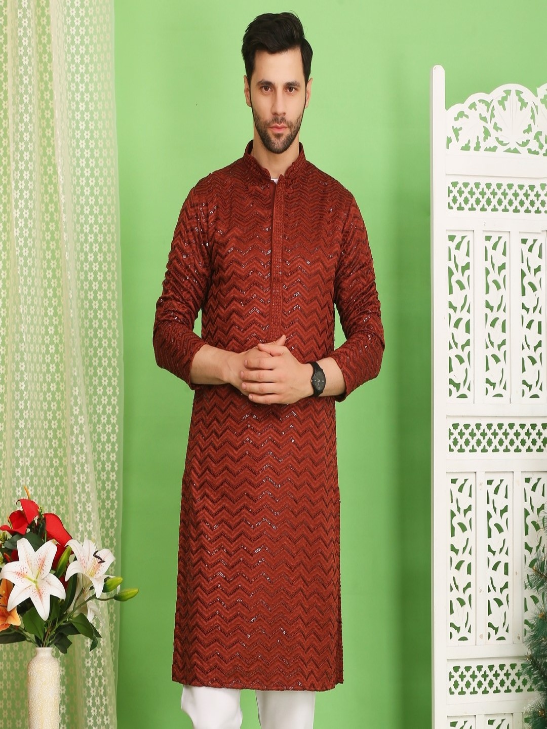 

Sydney Heights Chevron Embroidered Sequinned Straight Kurta, Rust
