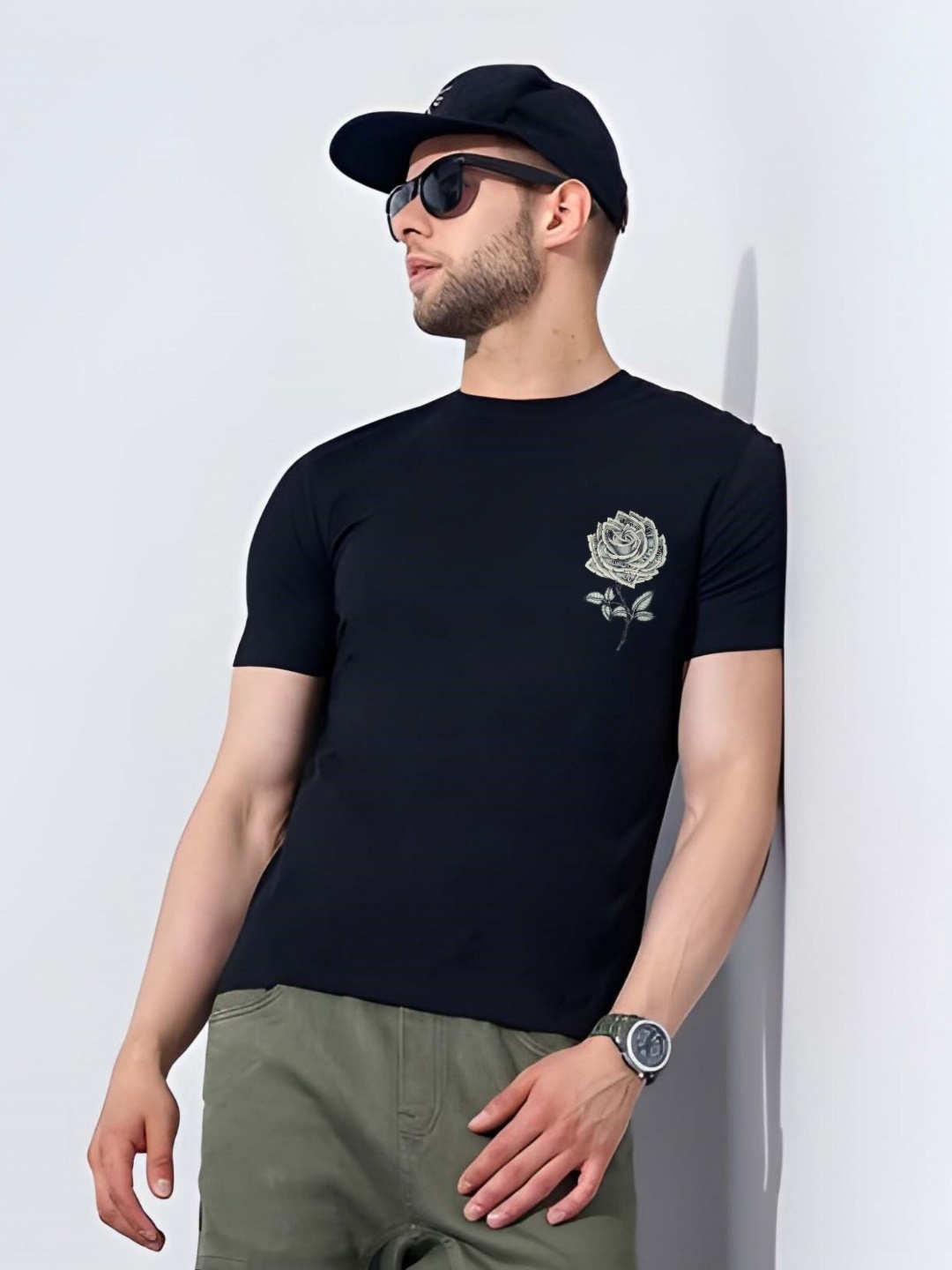 

SZN Men Floral Printed Round Neck Cotton Slim Fit T-shirt, Black
