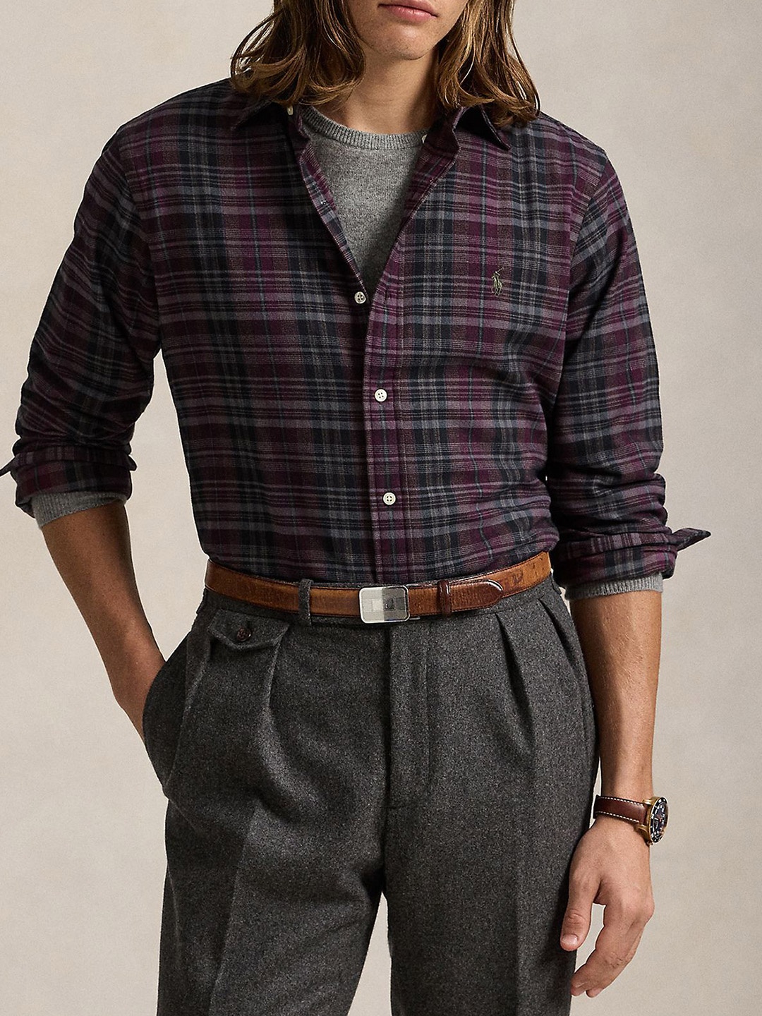 

Polo Ralph Lauren Men Spread Collar Tartan Checked Cotton Casual Shirt, Navy blue