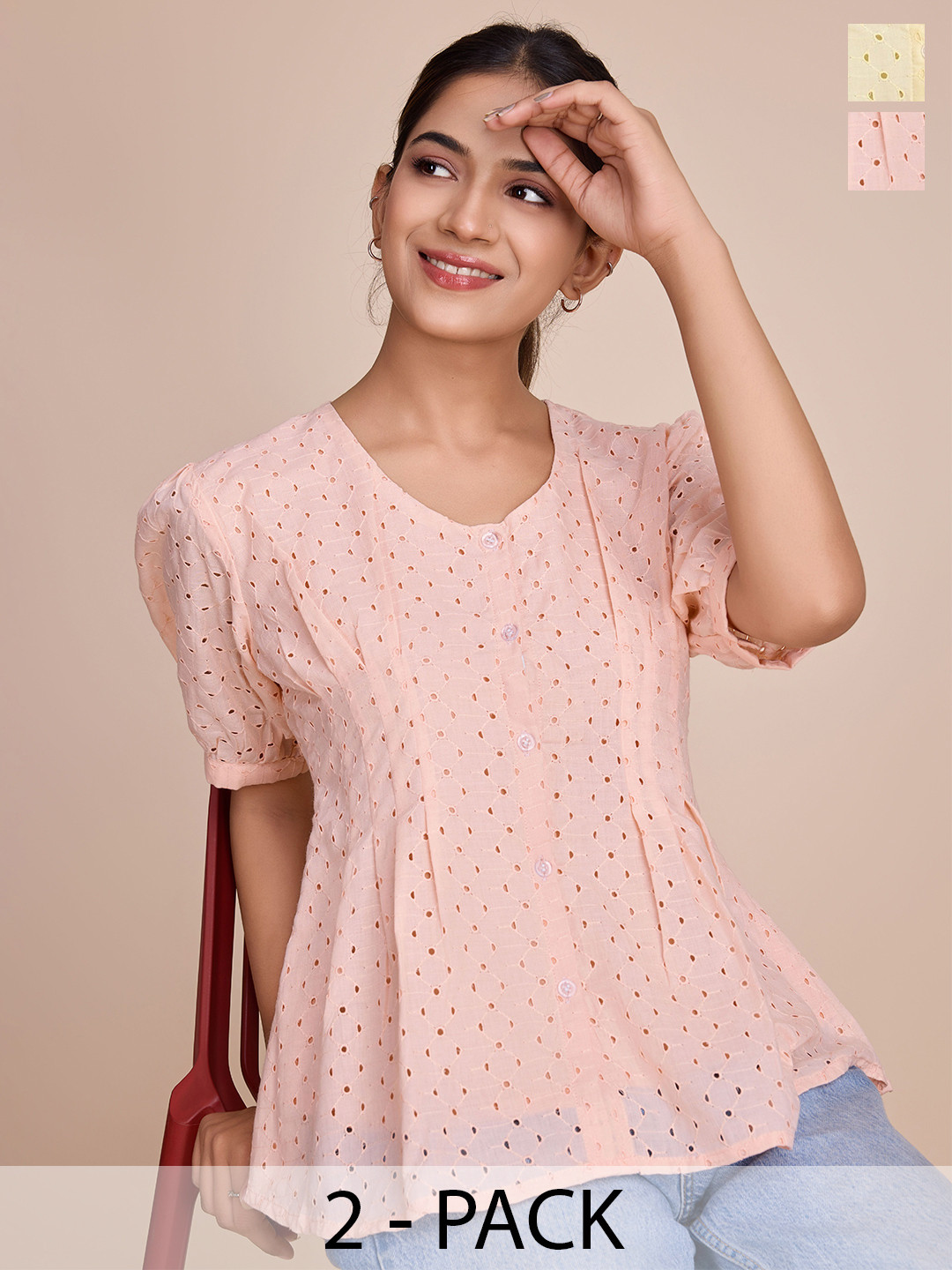 

HOUSE OF MIRA Women Pack Of 2 Self Design Cotton Schiffli Top, Pink