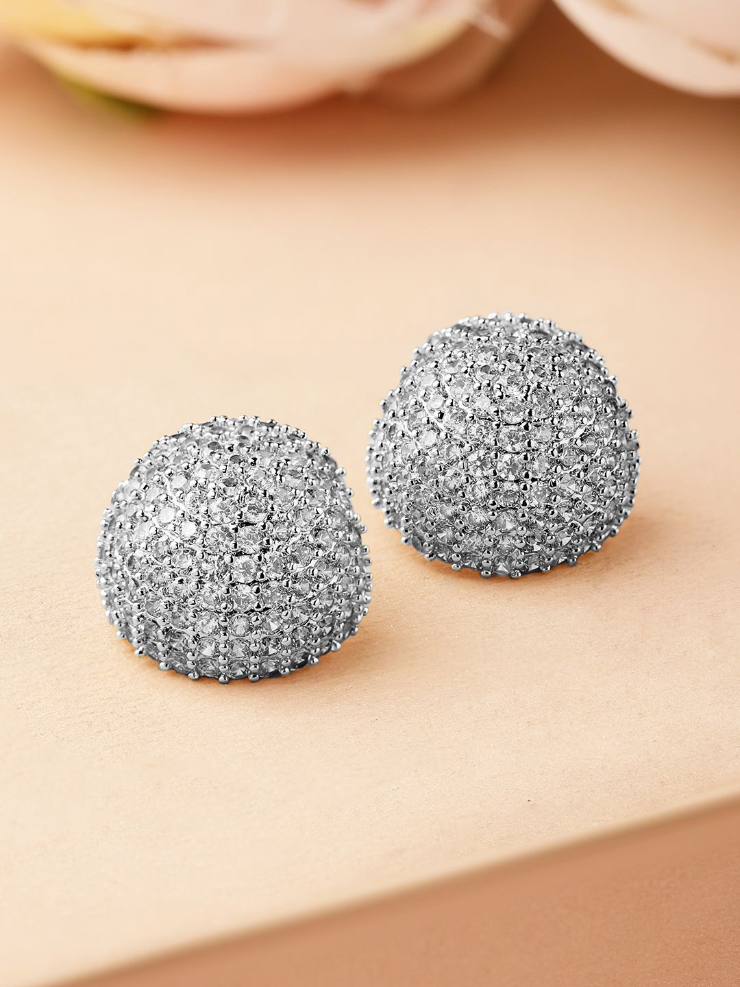 

Rubans Rhodium-Plated Cubic Zirconia Stones Studded Dome Shaped Studs, Silver