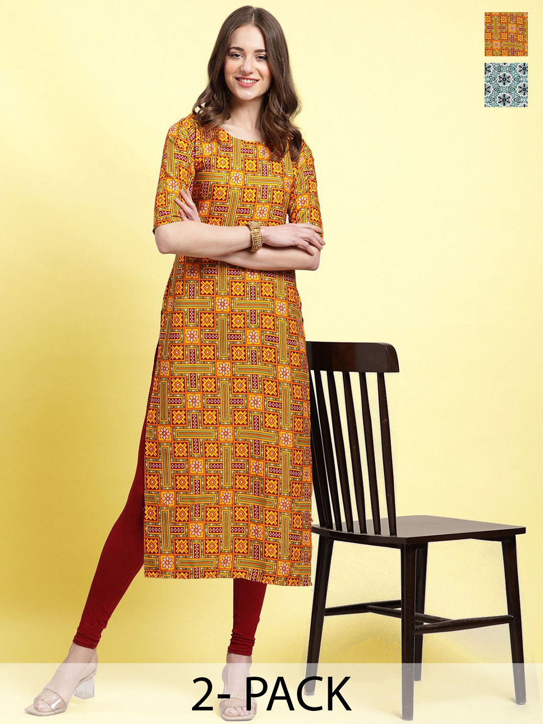 

Moda Rapido Set of 2 Printed Straight Kurtas, Mustard