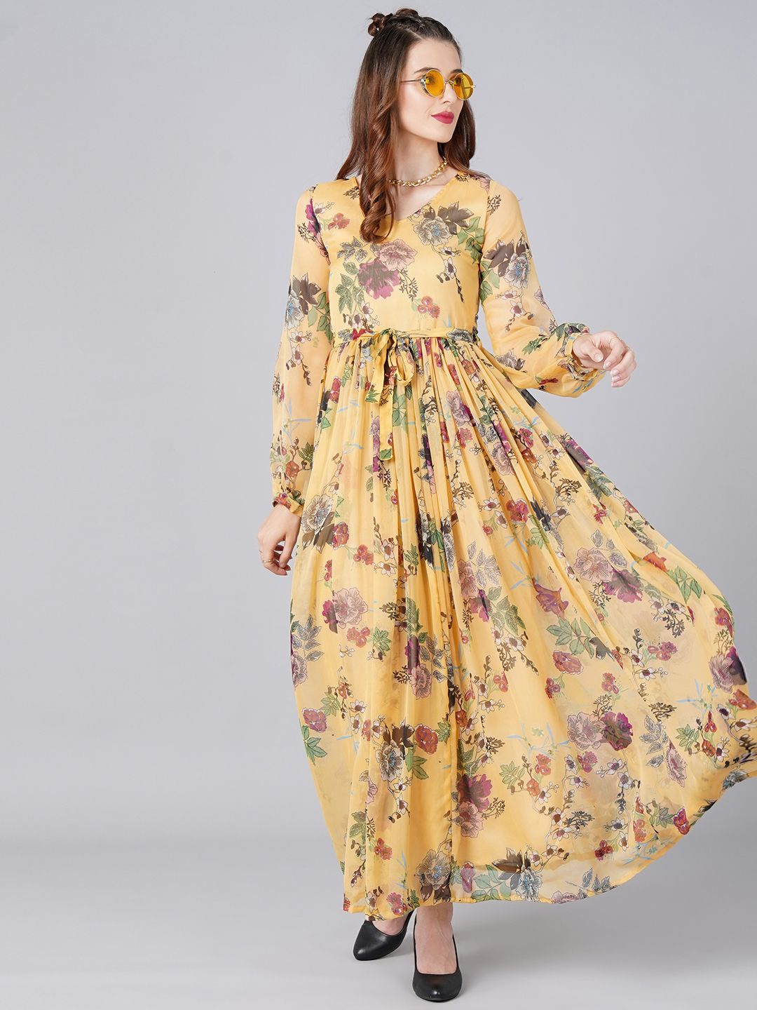 

Moda Rapido Women Floral Printed Fit and Flare Maxi Dress, Yellow