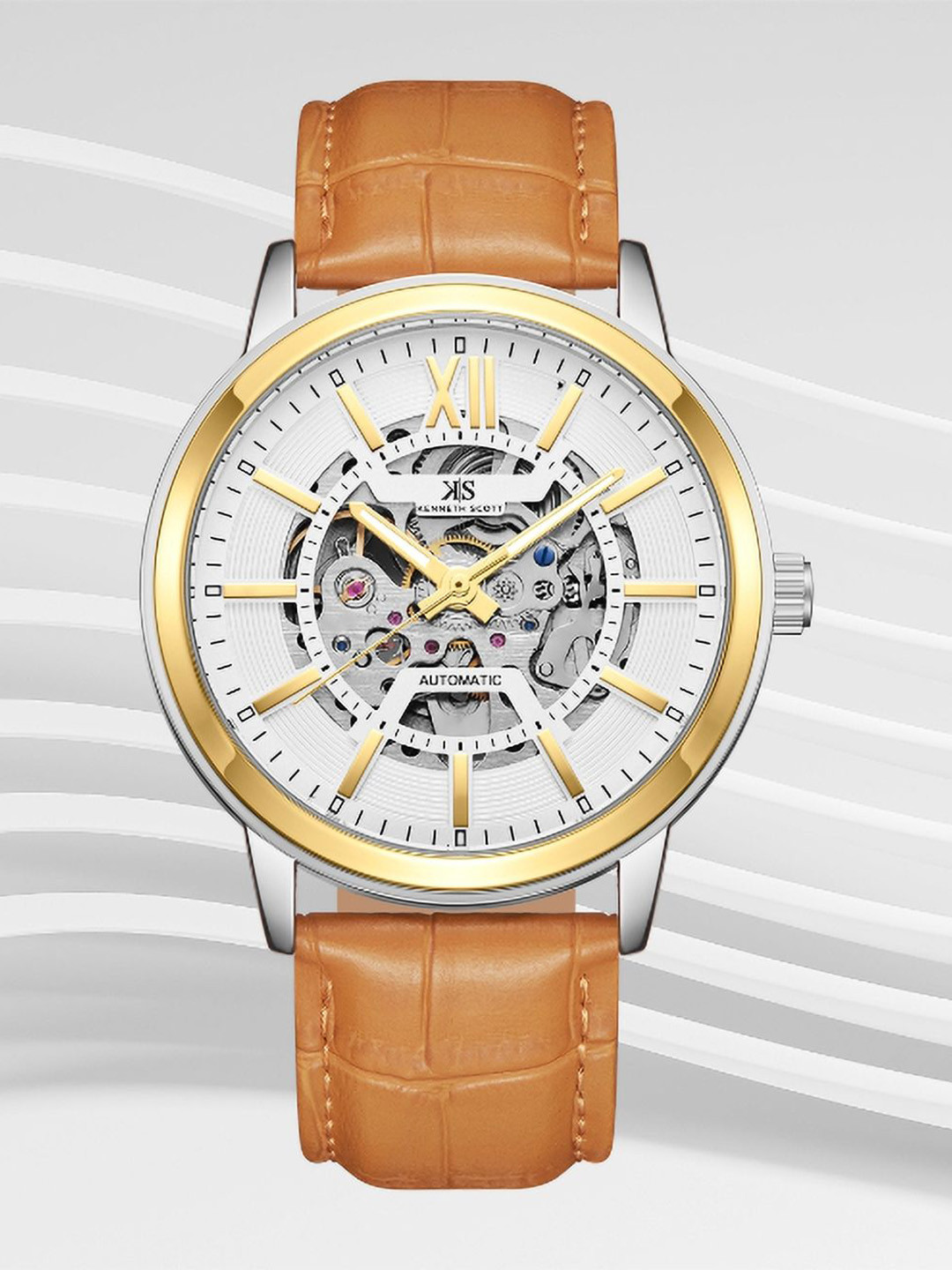 

KENNETH SCOTT Men Skeleton Dial & Leather Textured Straps Analogue Automatic Watch K24323-TLFW, Brown