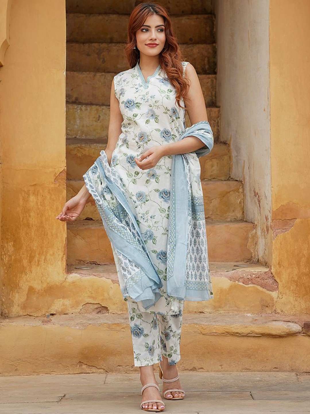 

Anouk Blue Floral Printed V-Neck Straight Kurta With Trouser And Dupatta