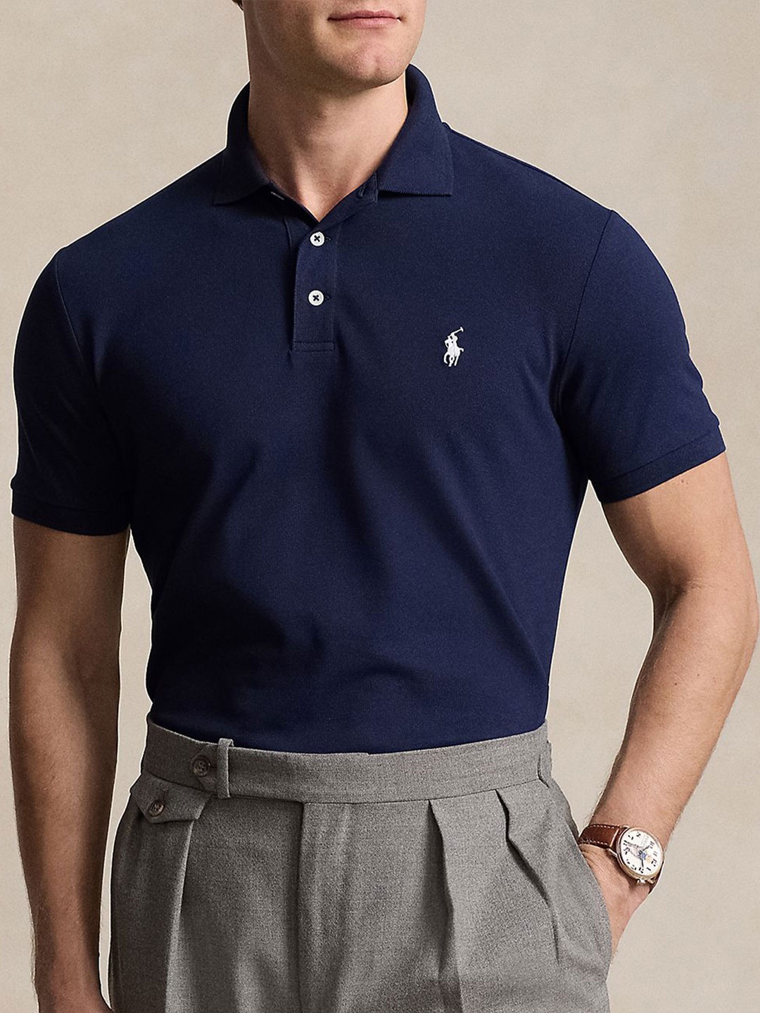 

Polo Ralph Lauren Men Solid Polo Collar Cotton Slim Fit T-shirt, Navy blue