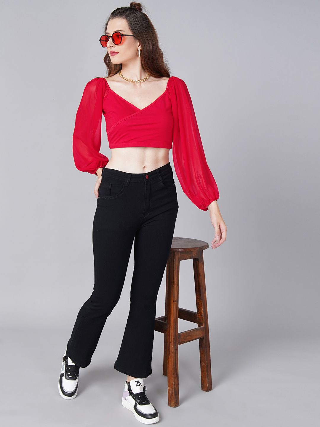 

Moda Rapido Puff Sleeve Cotton Crop Top, Red