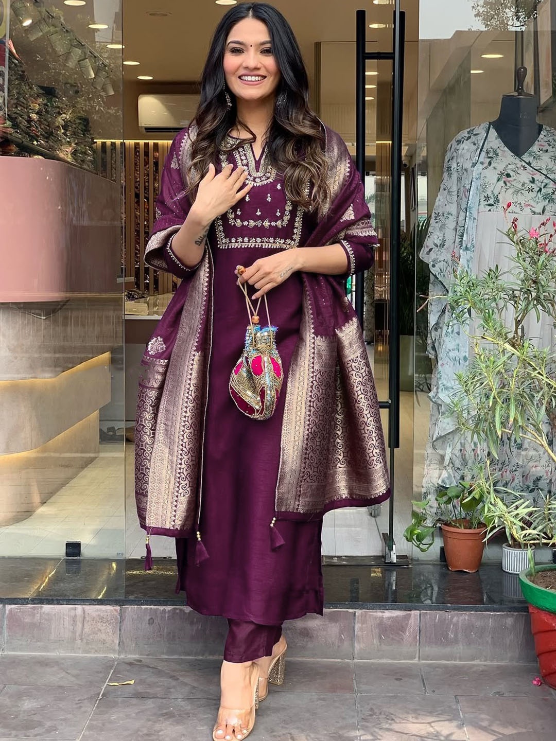 

Siya Fashion Floral Yoke Design Notch Neck Zari Straight Kurta With Trouser & Dupatta, Purple