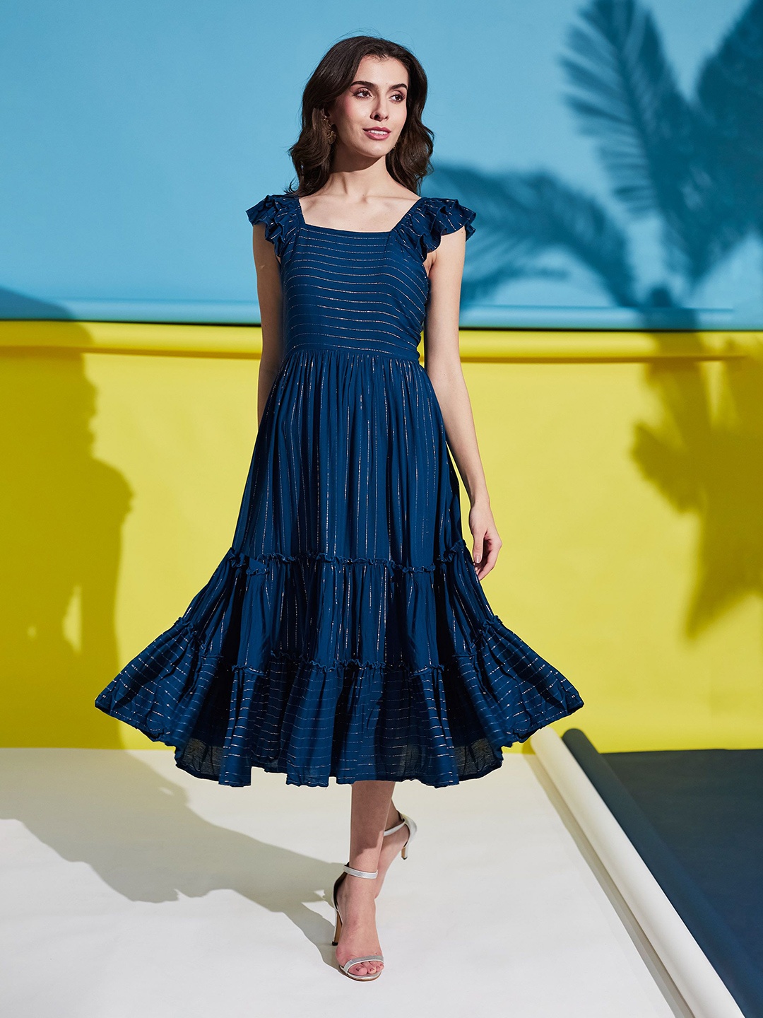

YANAMORA Women Striped Layered Fit & Flare Midi Dress With Butterfly Sleeves, Blue
