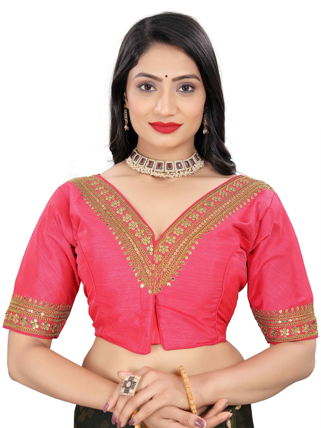 

HERE&NOW Women Embroidered V-Neck Saree Blouse, Pink