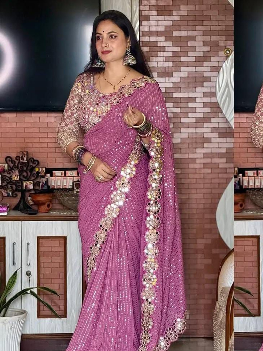 

MANSUBHA Woven Design Embroidered Pure Georgette Banarasi Saree, Pink