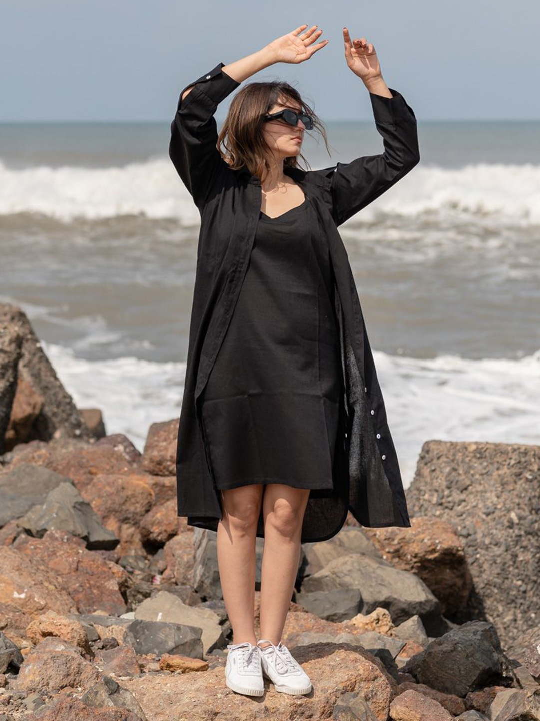 

Babli Women ndian Ink Black Cotton Shirt Dress with Inner