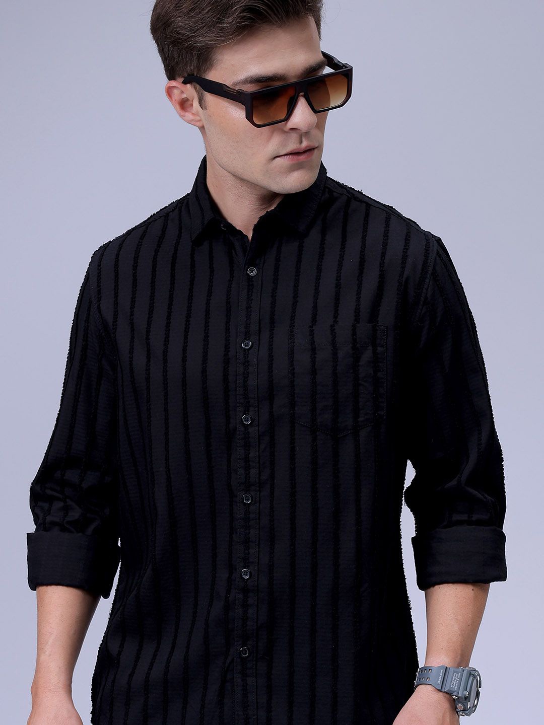 

The Indian Garage Co Men Slim Fit Spread Collar Textured Cotton Casual Shirt, Black