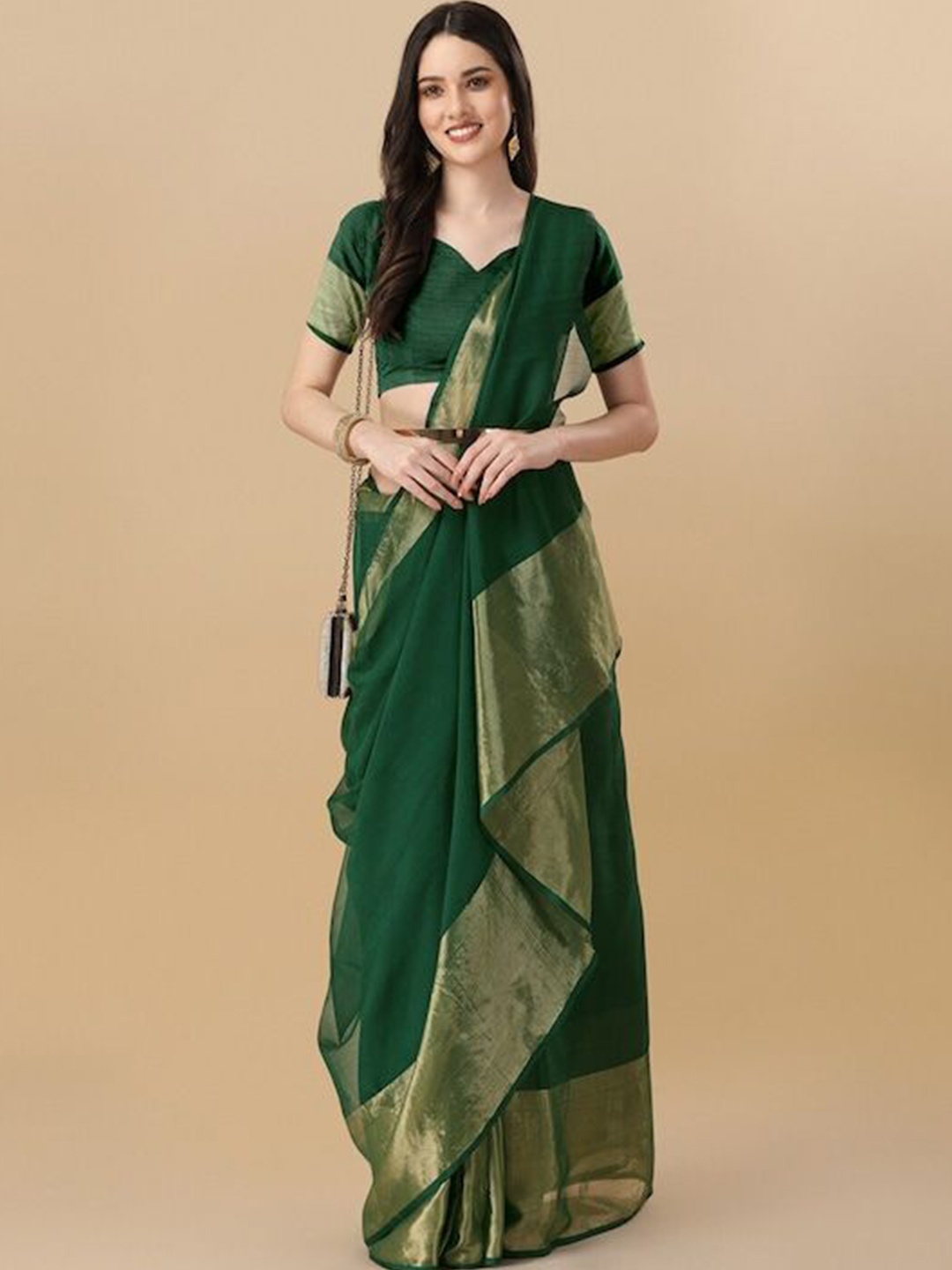 

MOKSHA DESIGNS Zari Poly Chiffon Saree, Green
