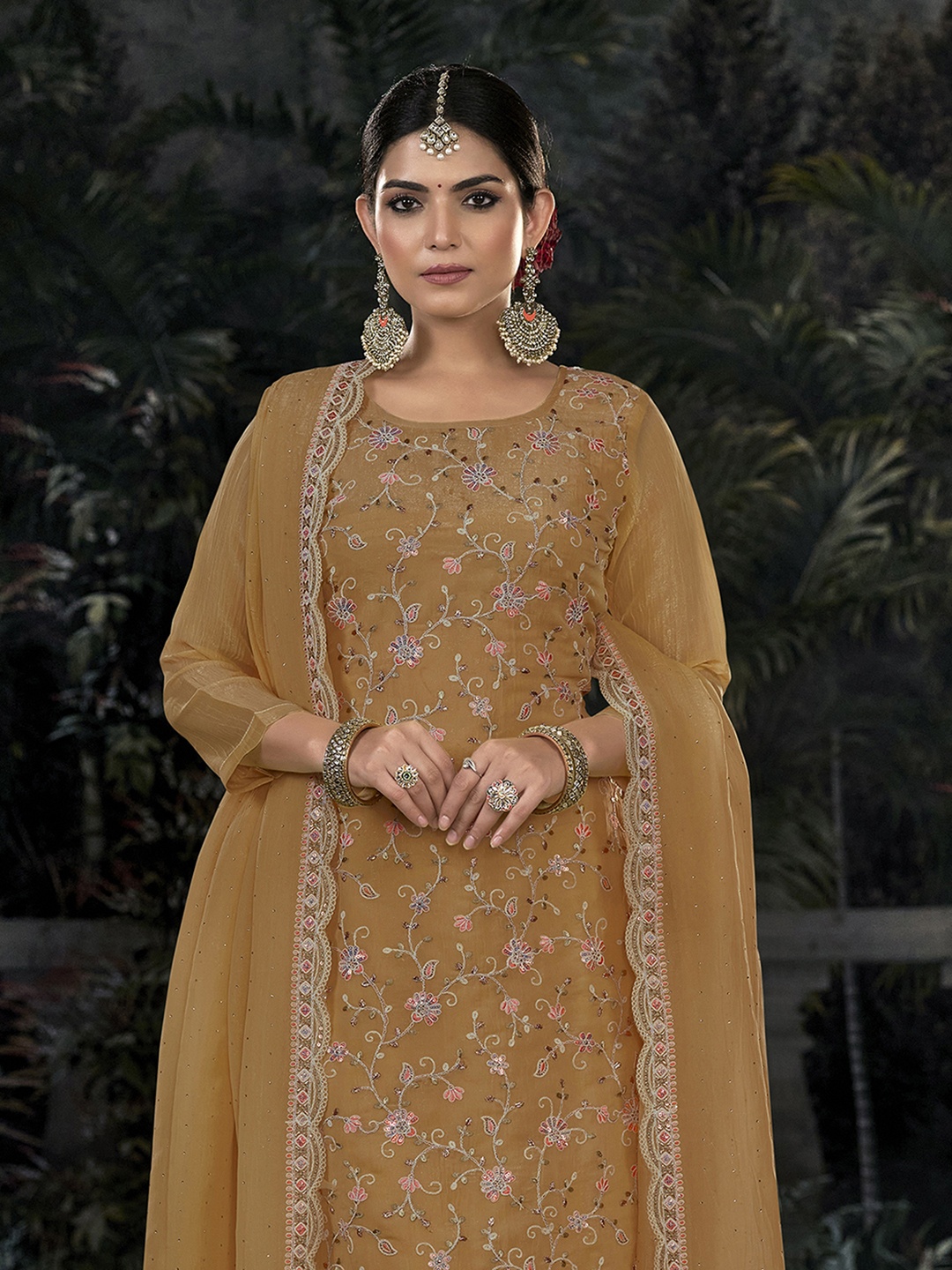 

Anouk Mustard Floral Embroidered Sequence Unstitched Dress Material, Brown