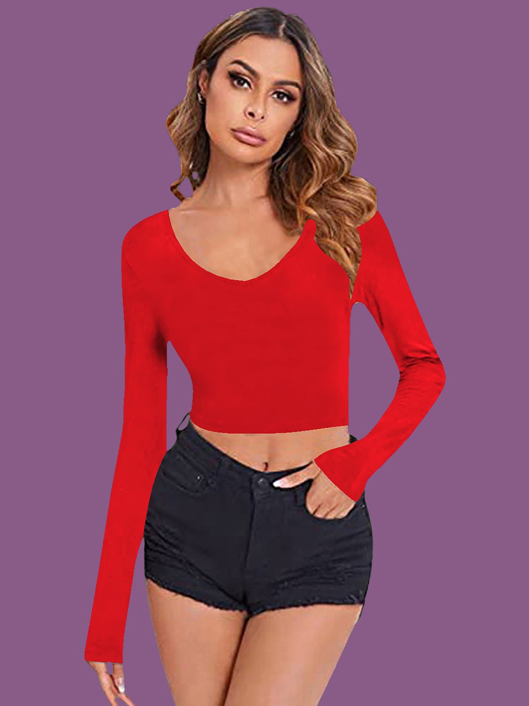 

Dream Beauty Fashion V-Neck Solid Fitted Crop Top, Red
