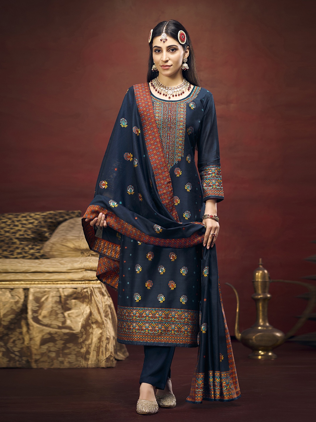 

Anouk Navy-Blue Ethnic Motifs Woven Design Minakari Jacquard Unstitched Dress Material