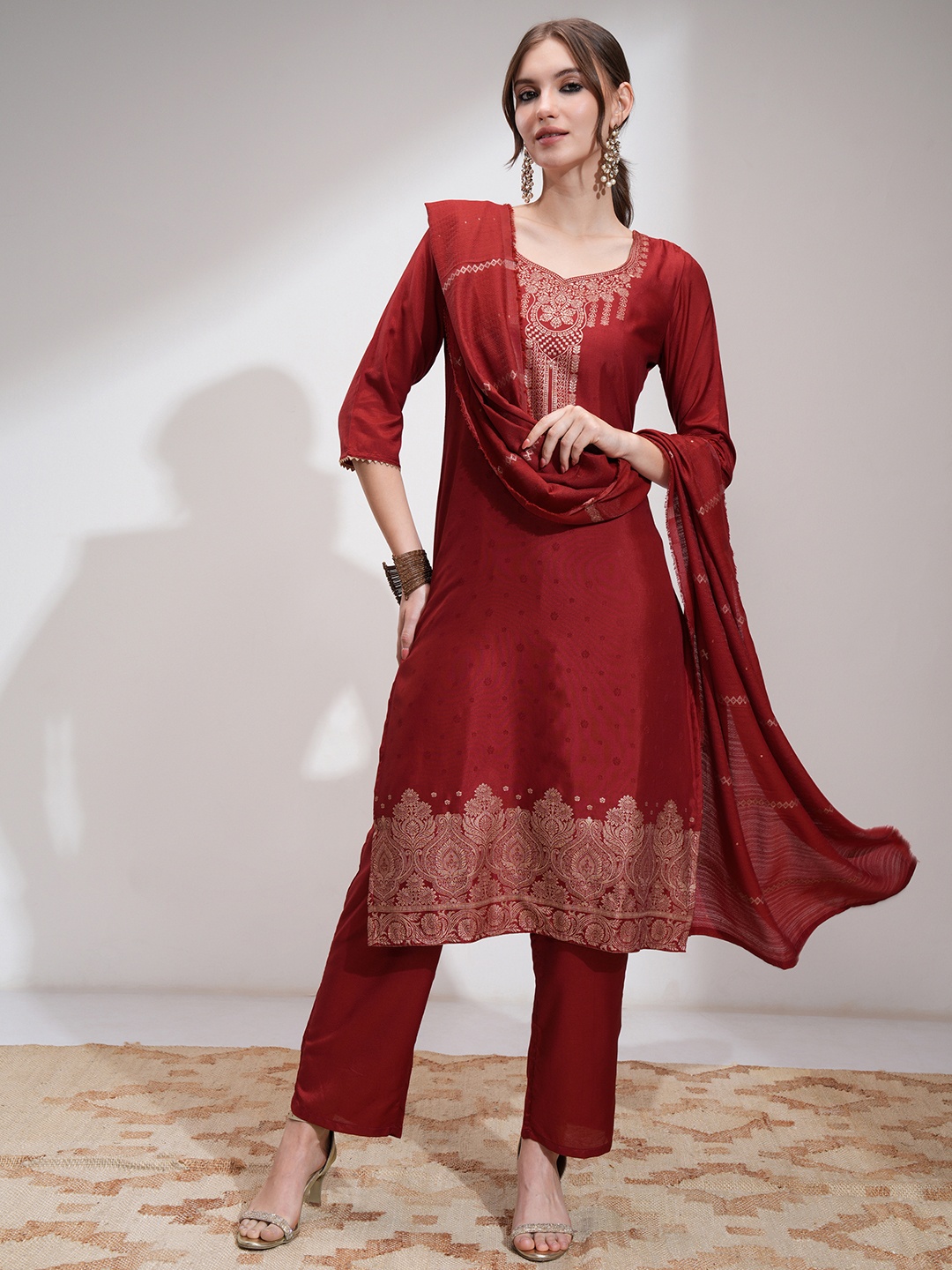 

Vishudh Women Straight Jacquard Kurta with Pants and Dupatta, Red