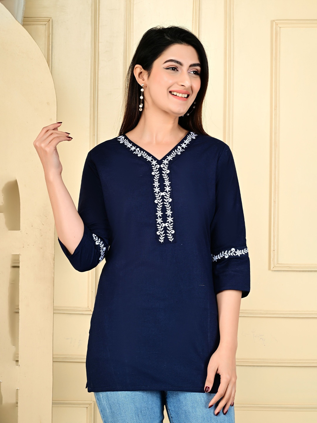

Manvik fashion Embroidered V-Neck Pure Cotton Kurti, Navy blue