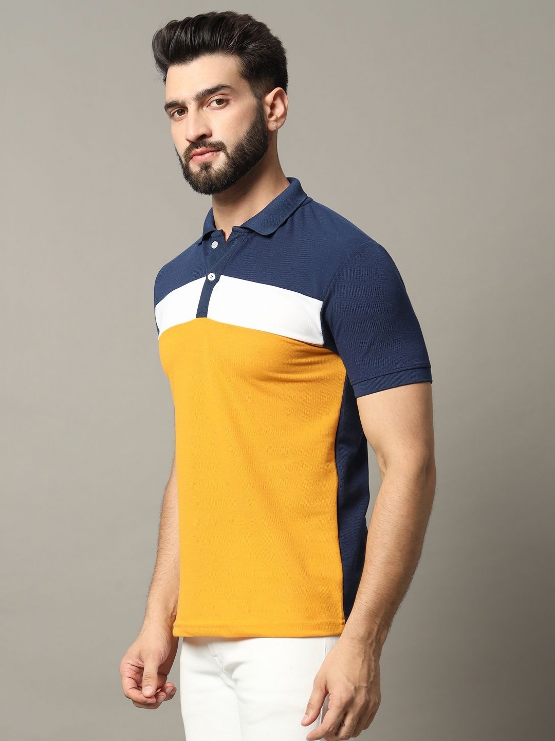 

RELANE Men Colourblocked Polo Collar T-shirt, Mustard