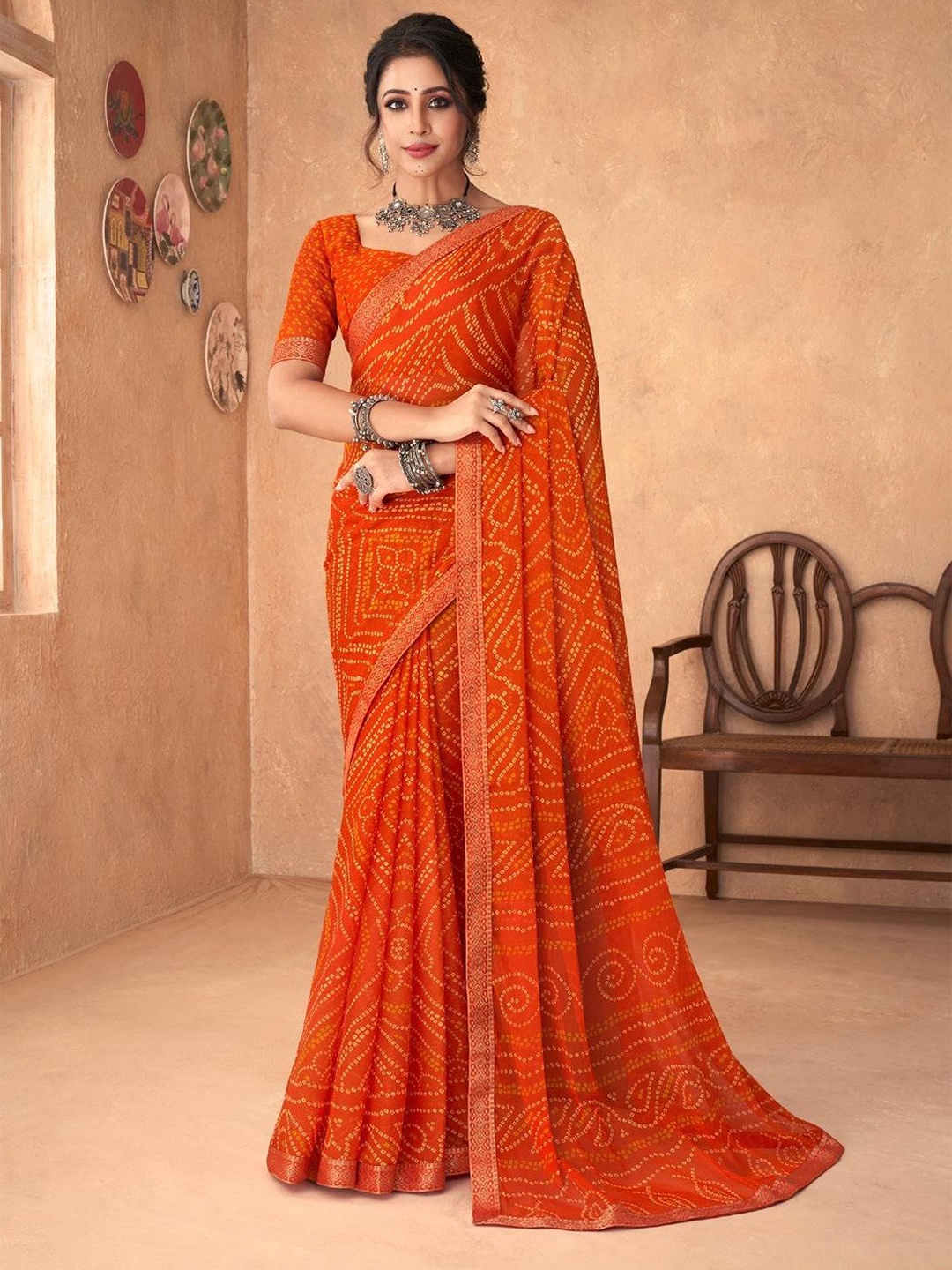 

DURGA EMPORIO Bandhani Pure Chiffon Bandhani Saree, Orange