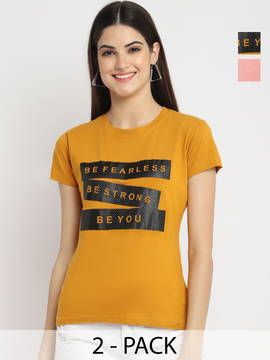

Dreambe Women Pack Of 2 Graphic Printed Round Neck Cotton T-shirts, Mustard