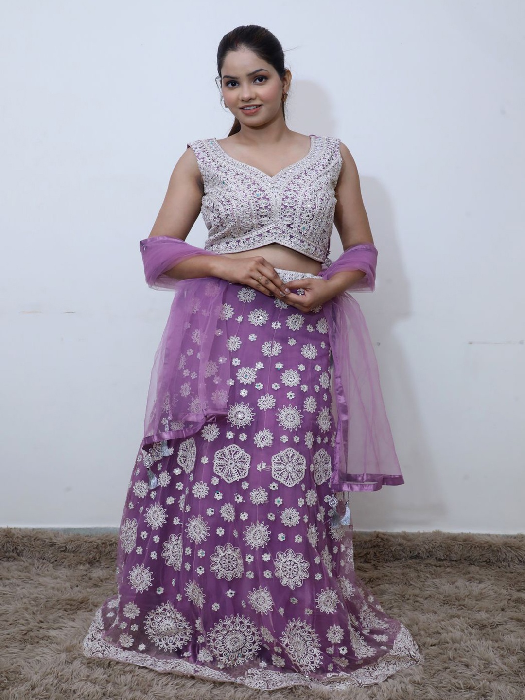

Wavy Collection Floral Embroidered Thread Work Ready To Wear Lehenga & Blouse With Dupatta, Purple