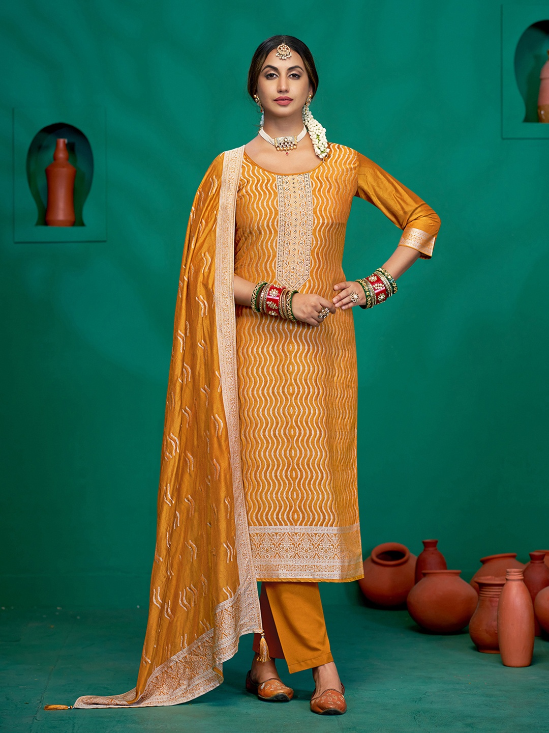 

Anouk Yellow Ethnic Motifs Woven Design Zari Jacquard Unstitched Dress Material