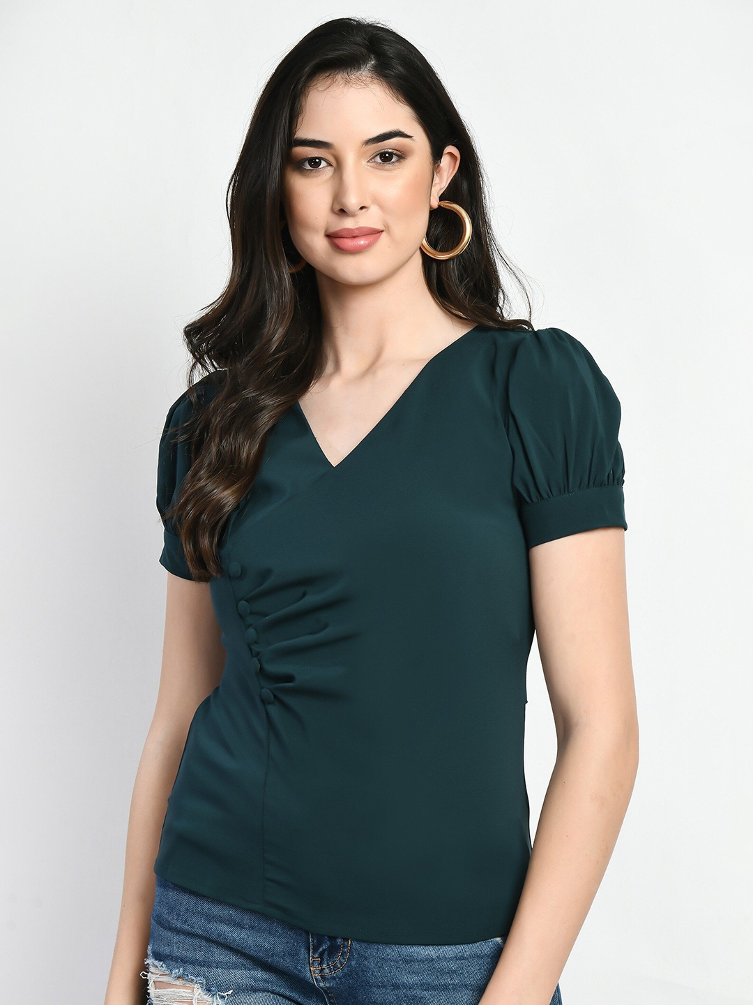 

Fruba Women Solid V-Neck Top, Olive