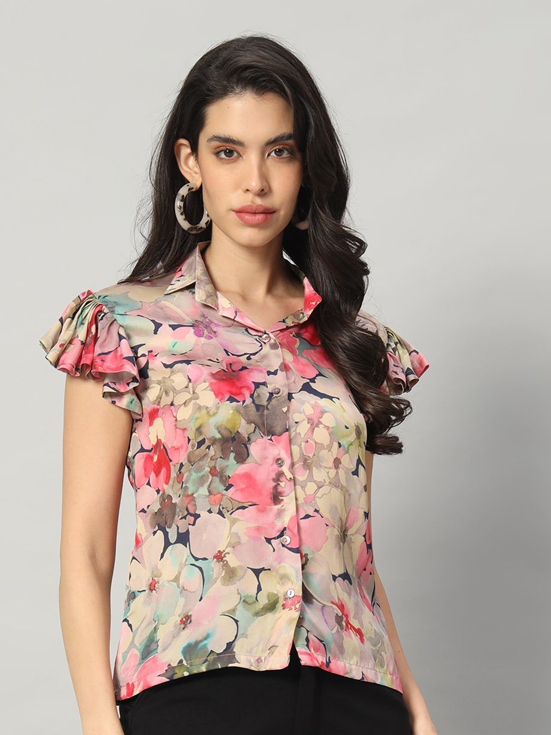 

BRIJAL LAD Women Spread Collar Floral Printed Satin Casual Shirt, Beige