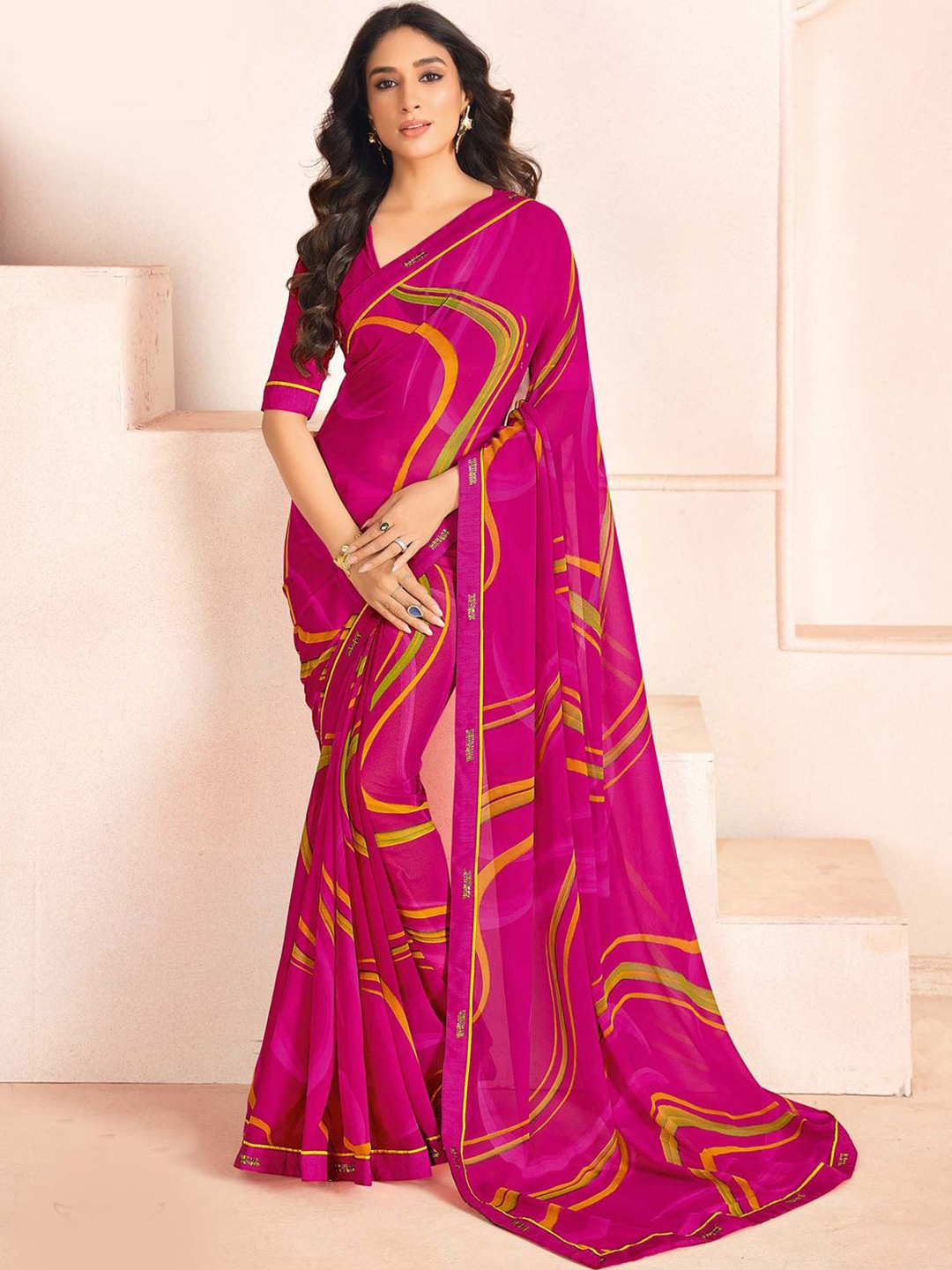 

House Of Pataudi Printed Saree With Blouse, Pink