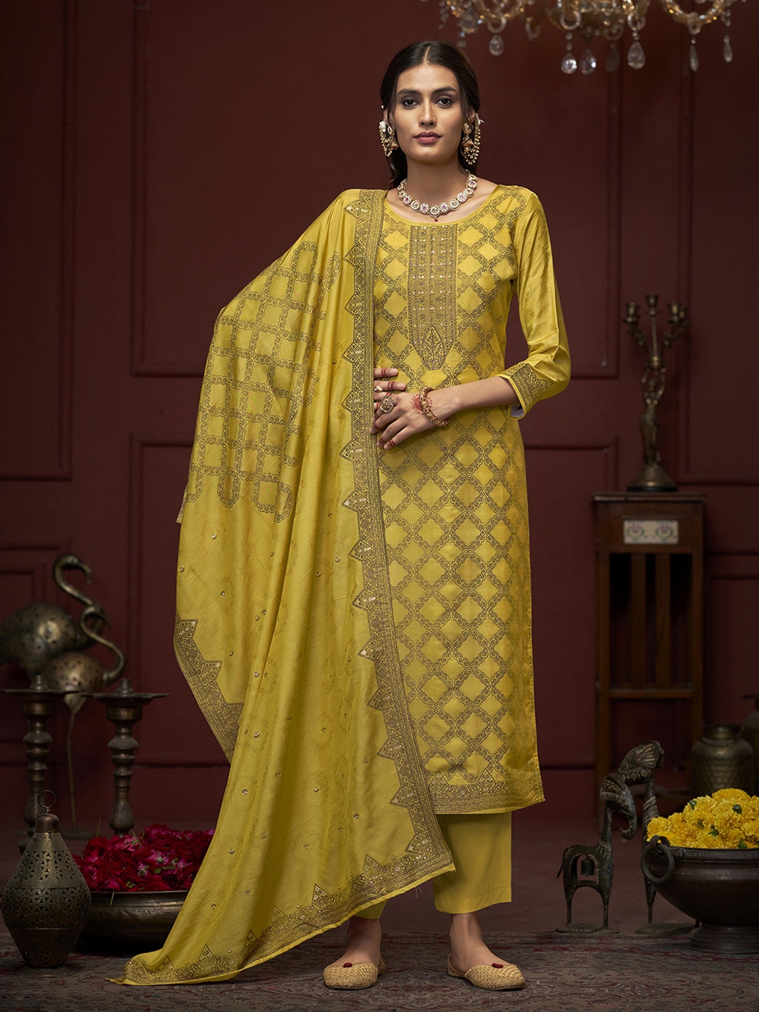

Anouk Ethnic Motifs Unstitched Dress Material, Yellow