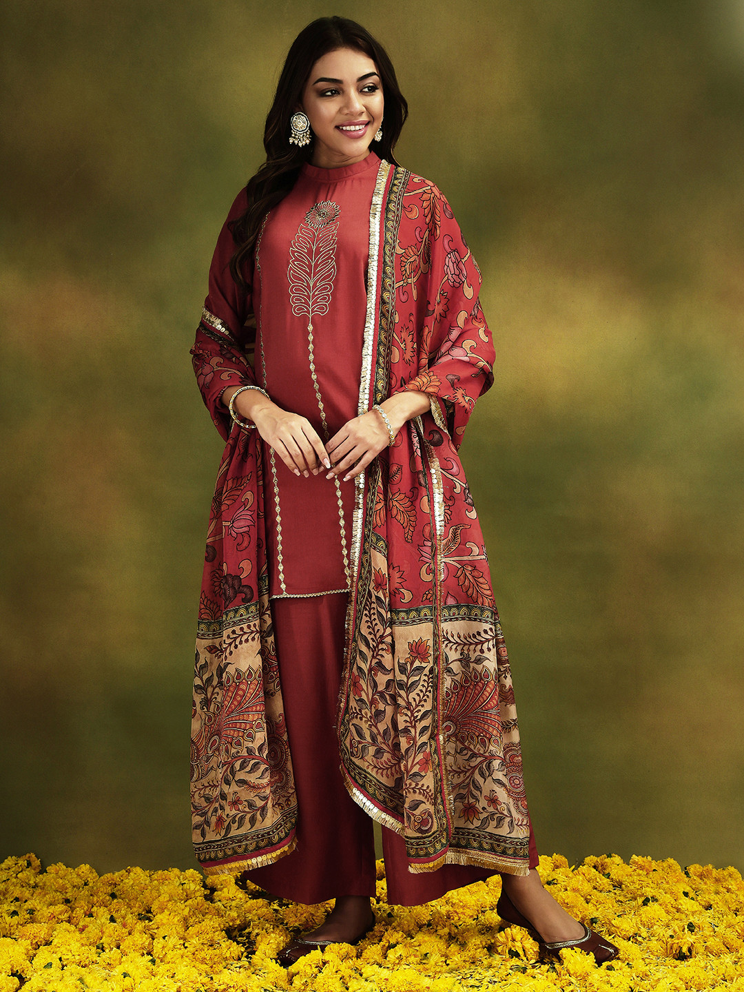 

Stylefables Floral Embroidered High Neck Zari Kurti With Palazzos And Dupatta, Rust