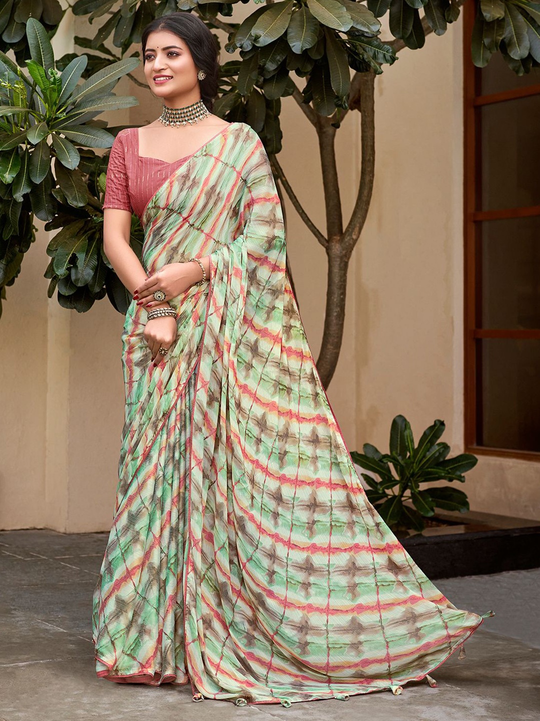 

LeeliPeeri Designer Beads and Stones Poly Chiffon Bagru Saree, Green