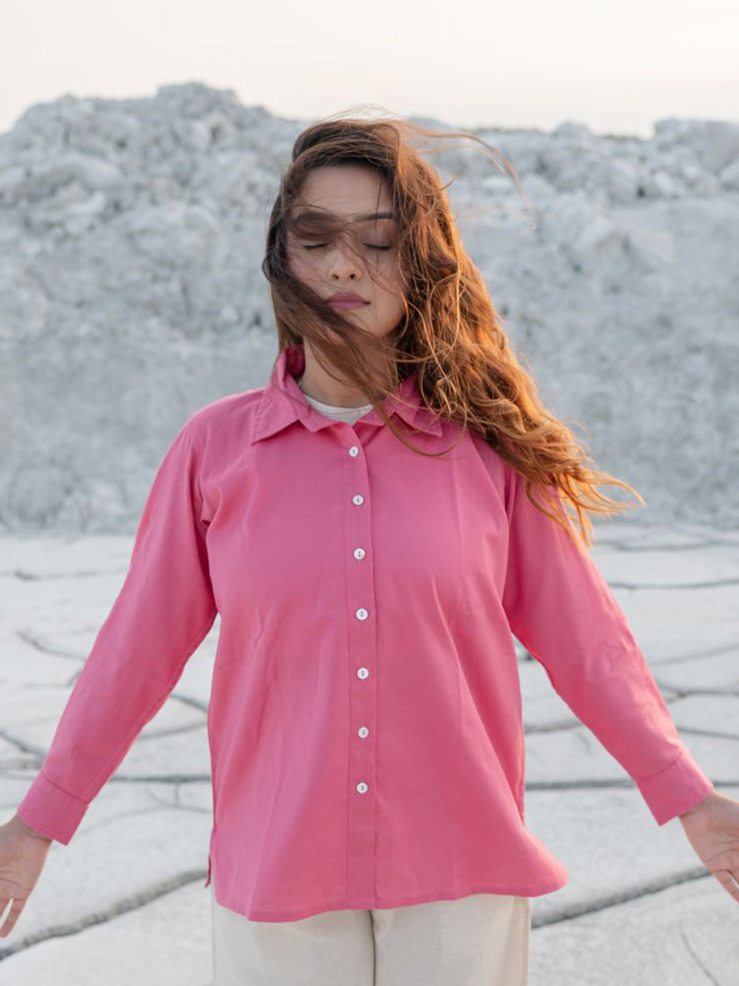 

Babli Women Comfort Fit Spread Collar Solid Cotton Casual Shirt, Pink