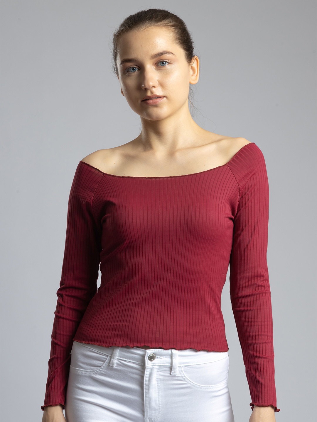 

PYR8 Women Ribbed Ribbed Off-Shoulder Top, Maroon