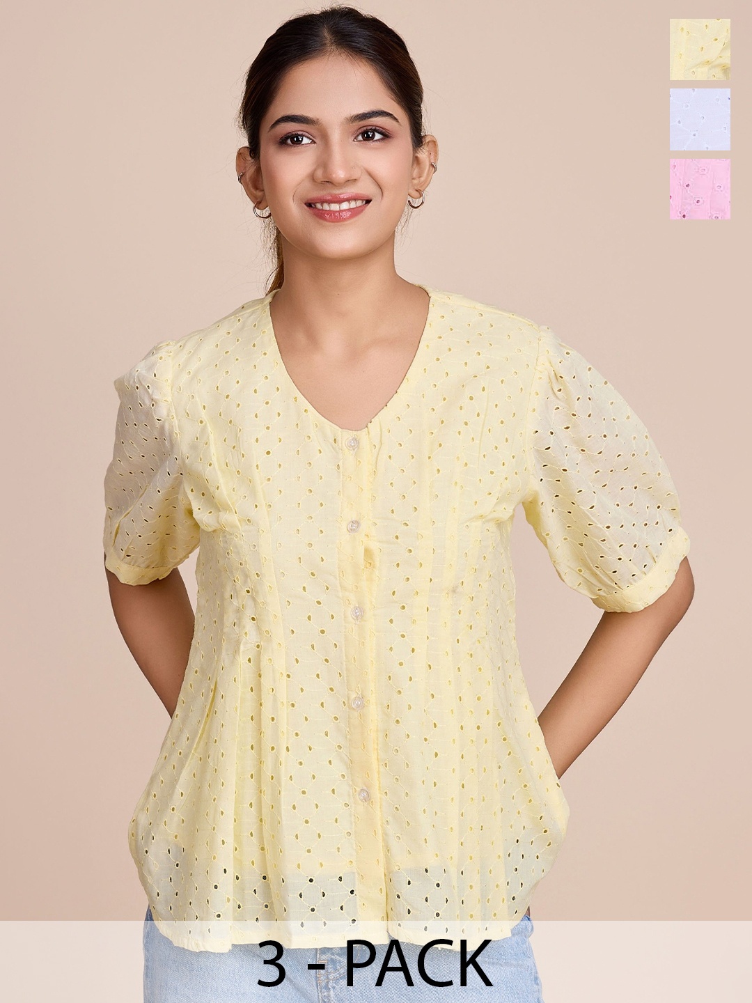 

HOUSE OF MIRA Women Pack Of 3 Self Design V-Neck Cotton Tops, Pink