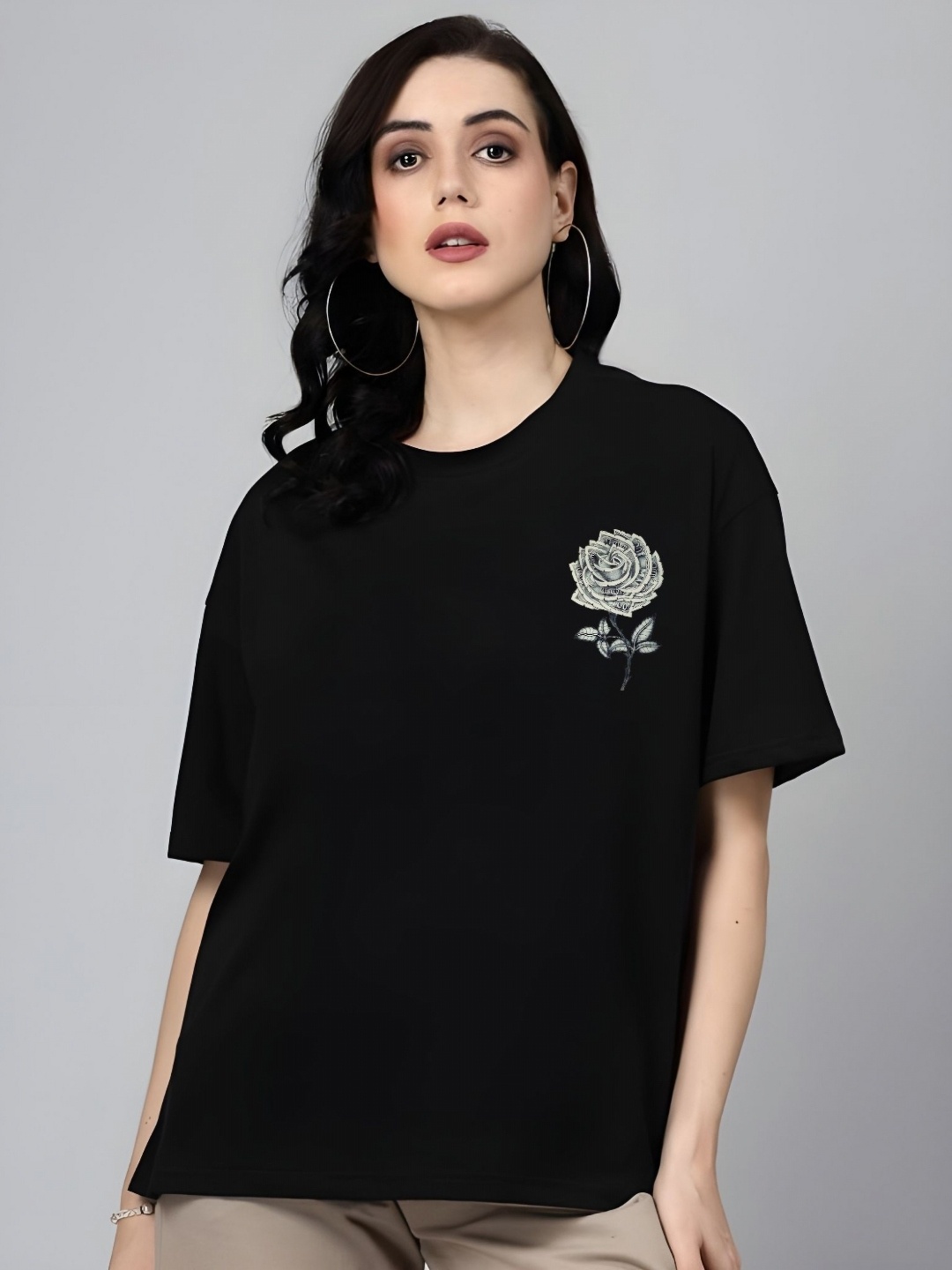 

SZN Women Graphic Printed Round Neck Cotton Oversized T-shirt, Black
