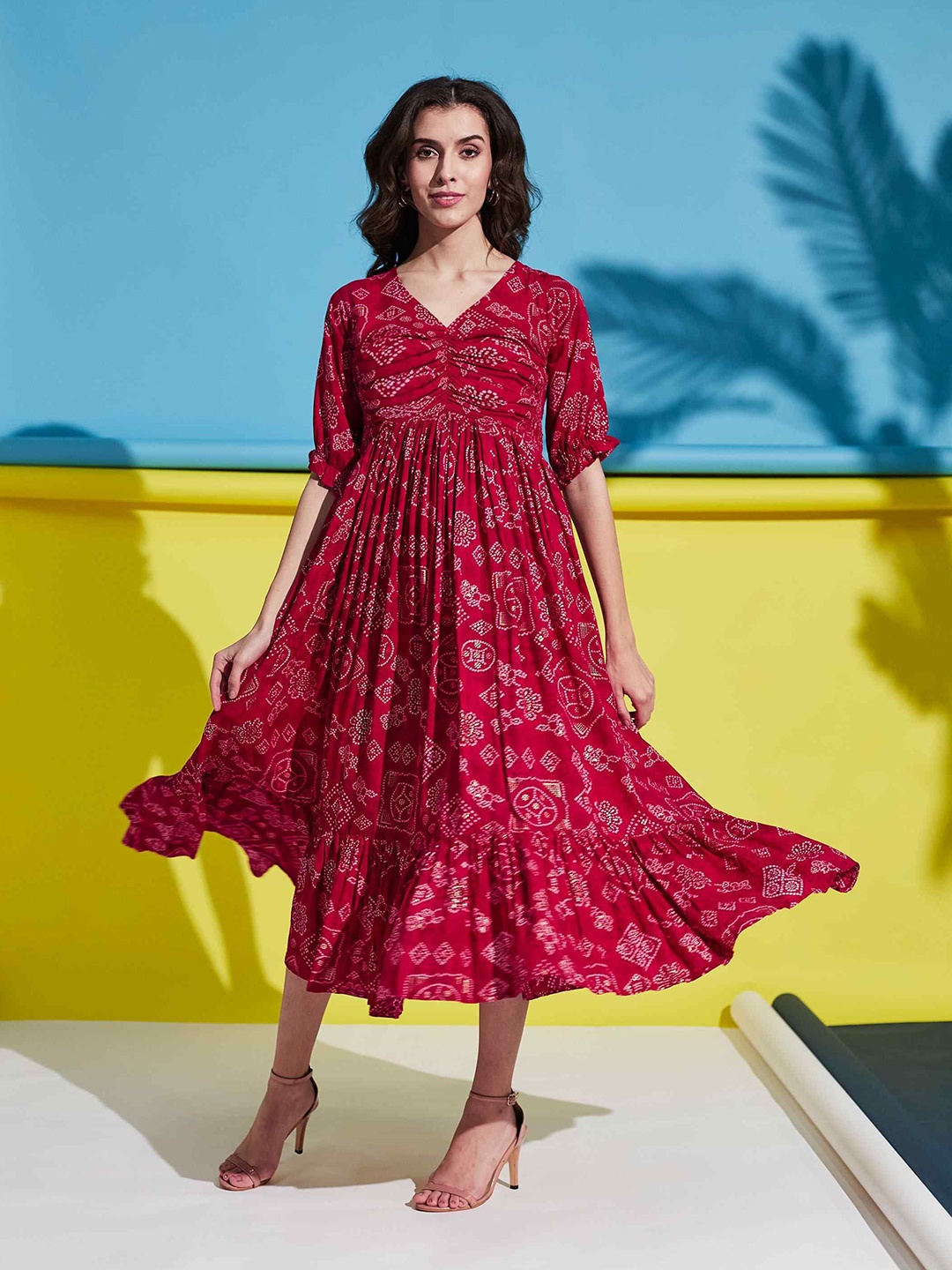 

YANAMORA Ethnic Motifs Print Puff Sleeve Fit & Flare Midi Dress, Maroon