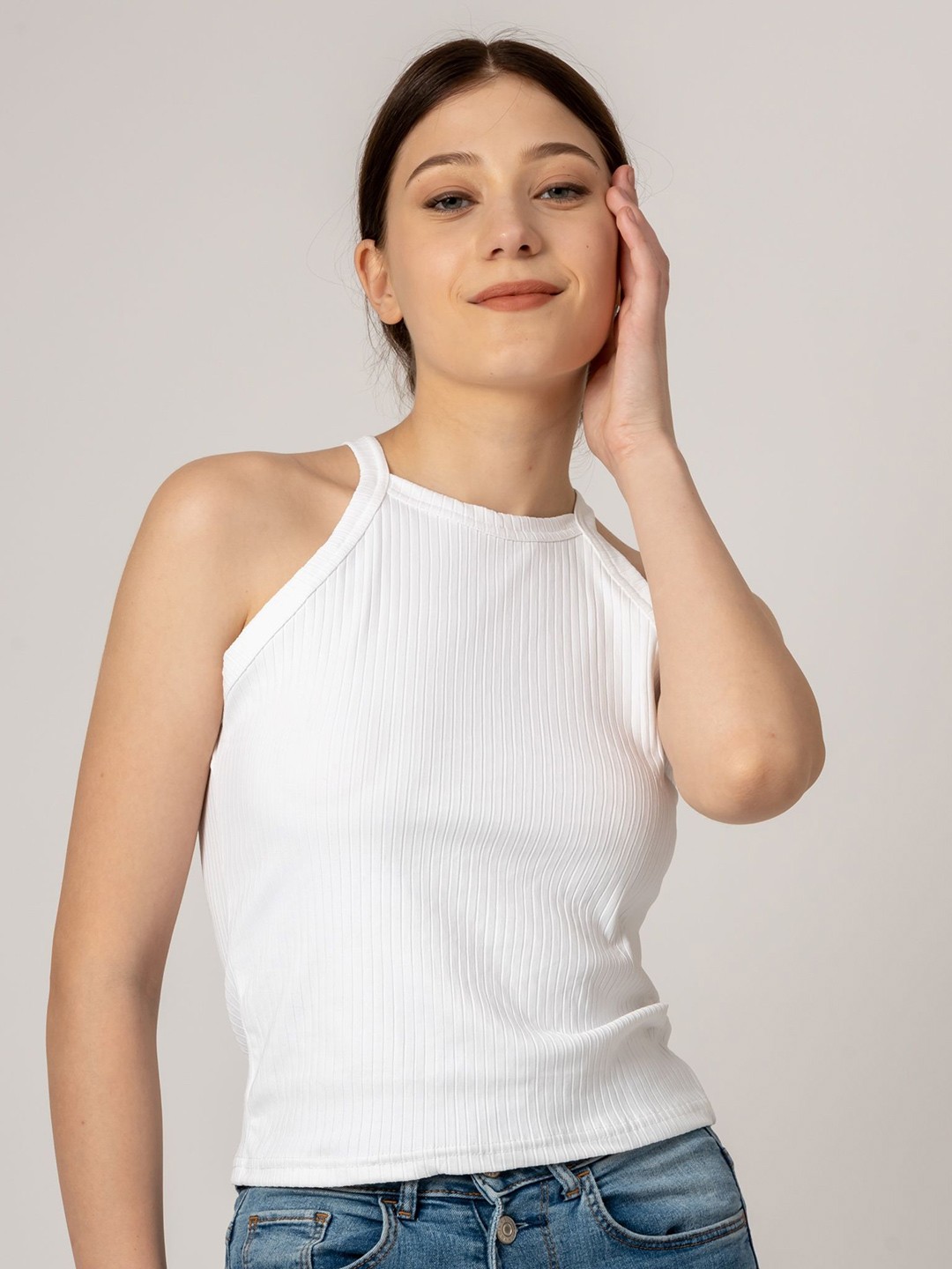 

PYR8 Striped Tank round neck Top, White